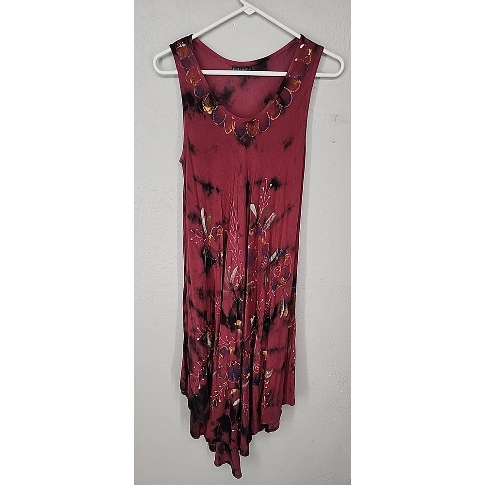 Bella Moda Maroon Tie Dye Floral Embroidered‎ Sharkbite Dress Womens Large